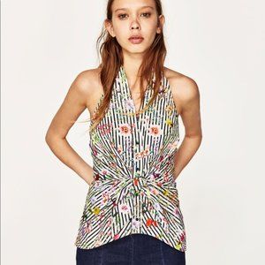 Zara Striped Floral Tie Front Halter Blouse